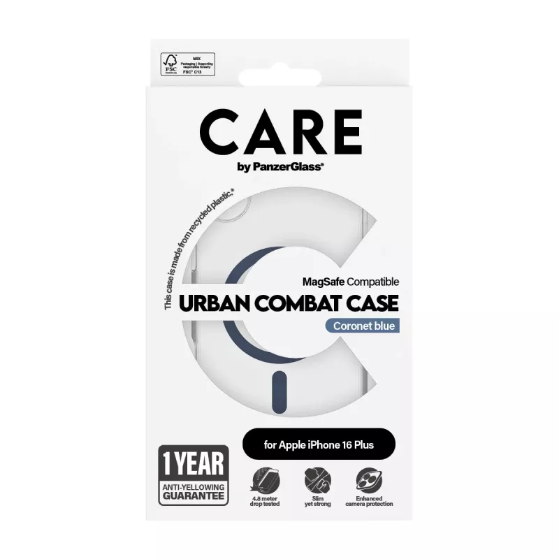 PanzerGlass CARE™ by ® Urban Combat dėklas permatomas su mėlynu MagSafe iPhone 16 Plus