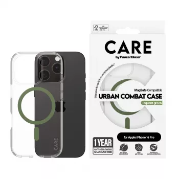 „PanzerGlass CARE™ by ® Urban Combat“ dėklas permatomas su žalia „MagSafe“ „iPhone 16 Pro“