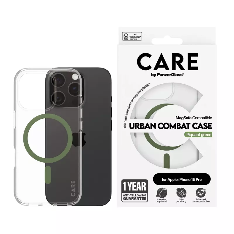 „PanzerGlass CARE™ by ® Urban Combat“ dėklas permatomas su žalia „MagSafe“ „iPhone 16 Pro“