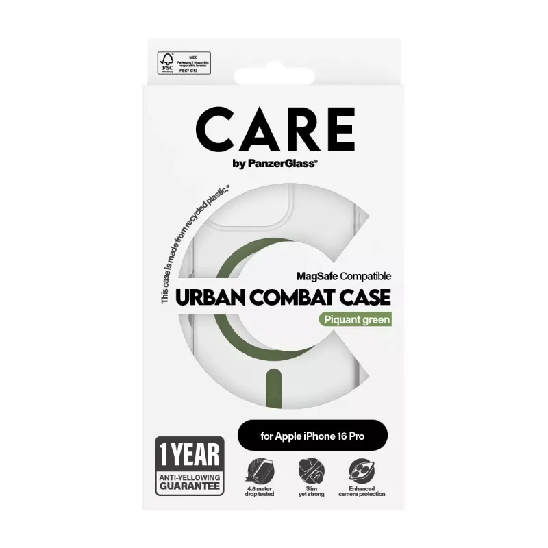 „PanzerGlass CARE™ by ® Urban Combat“ dėklas permatomas su žalia „MagSafe“ „iPhone 16 Pro“