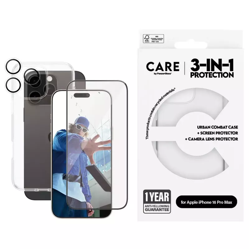 PanzerGlass® | CARE by® Flagship 3-in-1 rinkinys, skirtas iPhone 16 Pro Max