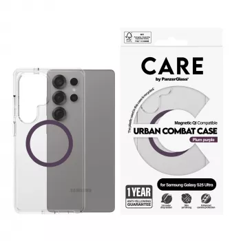PanzerGlass CARE™ by ® Urban Combat dėklas permatomas su slyvų violetine spalva, suderinamas su Qi, Samsung Galaxy S25 Ultra