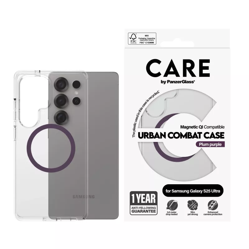 PanzerGlass CARE™ by ® Urban Combat dėklas permatomas su slyvų violetine spalva, suderinamas su Qi, Samsung Galaxy S25 Ultra
