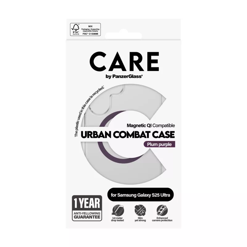 PanzerGlass CARE™ by ® Urban Combat dėklas permatomas su slyvų violetine spalva, suderinamas su Qi, Samsung Galaxy S25 Ultra