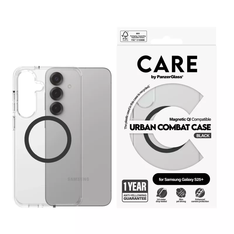 PanzerGlass CARE™ by ® Urban Combat dėklas permatomas su juodais akcentais Qi suderinamas Samsung Galaxy S25+