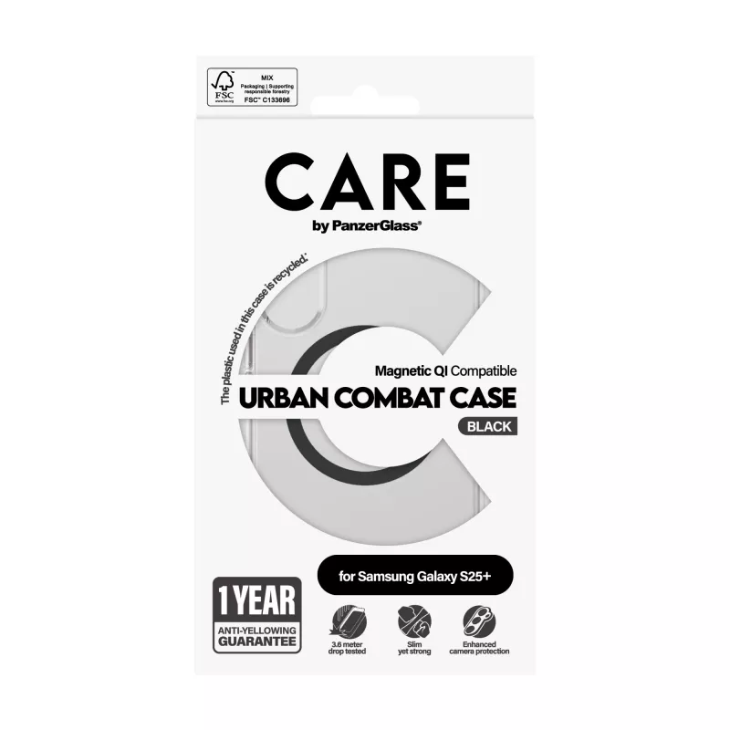 PanzerGlass CARE™ by ® Urban Combat dėklas permatomas su juodais akcentais Qi suderinamas Samsung Galaxy S25+