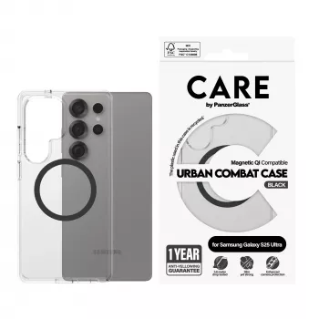 PanzerGlass CARE™ by ® Urban Combat dėklas, permatomas, su juodu Qi, suderinamas, Samsung Galaxy S25 Ultra