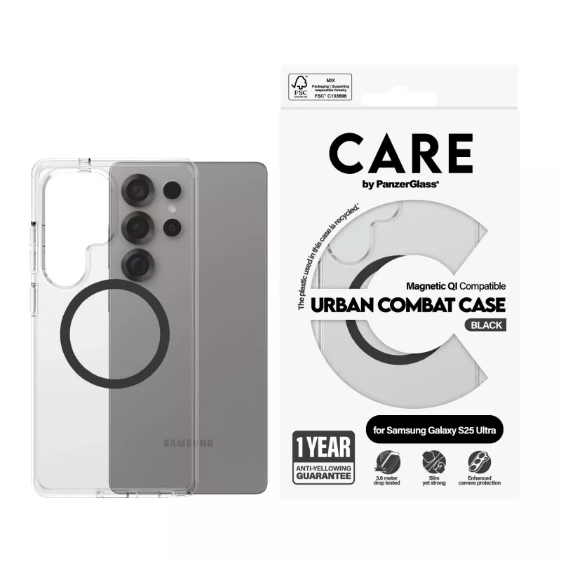PanzerGlass CARE™ by ® Urban Combat dėklas, permatomas, su juodu Qi, suderinamas, Samsung Galaxy S25 Ultra