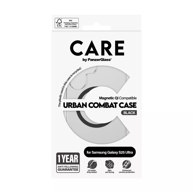 PanzerGlass CARE™ by ® Urban Combat dėklas, permatomas, su juodu Qi, suderinamas, Samsung Galaxy S25 Ultra