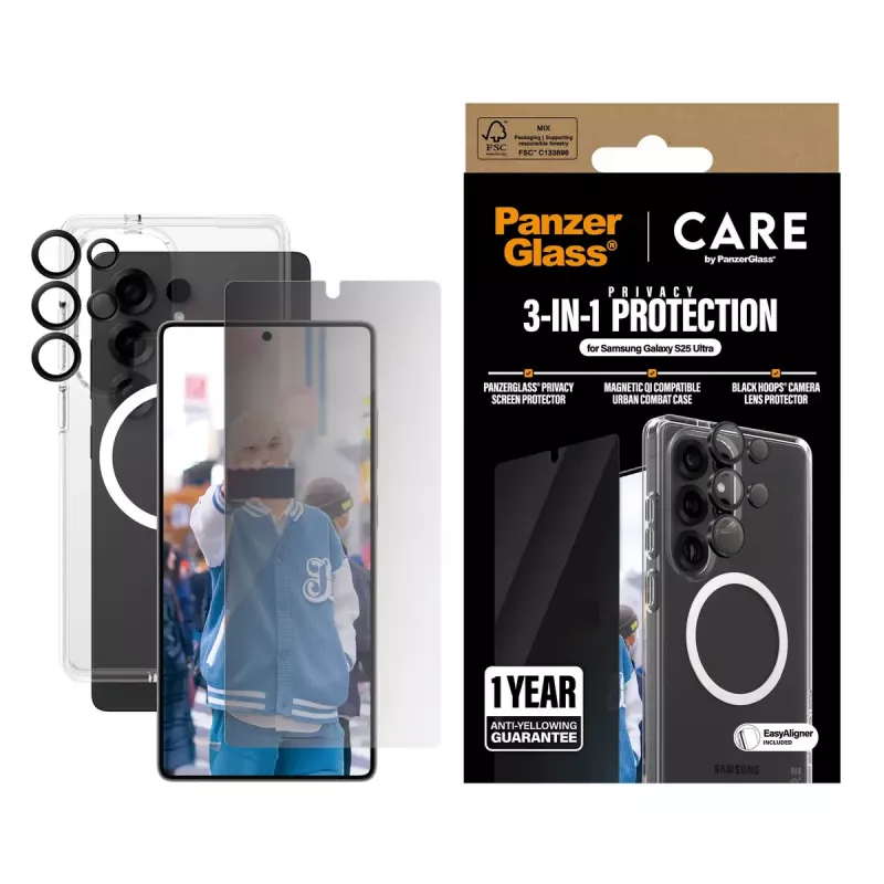 PanzerGlass CARE by ® Flagship 3-in-1 Privacy Bundle Samsung Galaxy S25 Ultra atsparus įbrėžimams ir smūgiams
