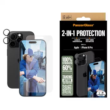 PanzerGlass® 2-in-1 rinkinys, skirtas iPhone 16 Pro, Apple, Apple - iPhone 16 Pro, Sausas uždėjimas, Atsparus įbrėžimams, Atsparus smūgiams, Skaidrus, 1 vnt.