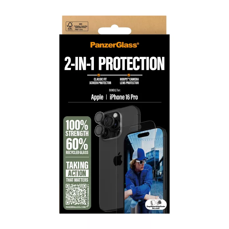 PanzerGlass® 2-in-1 rinkinys, skirtas iPhone 16 Pro, Apple, Apple - iPhone 16 Pro, Sausas uždėjimas, Atsparus įbrėžimams, Atsparus smūgiams, Skaidrus, 1 vnt.