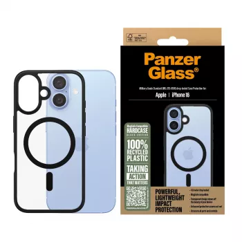 PanzerGlass ® HardCase skaidrus su juodu MagSafe rėmeliu, skirtas iPhone 16