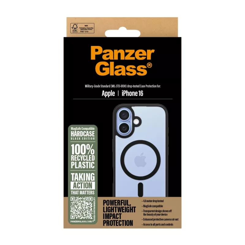 PanzerGlass ® HardCase skaidrus su juodu MagSafe rėmeliu, skirtas iPhone 16