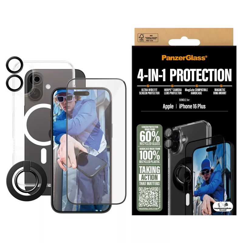 PanzerGlass® 4-in-1 apsaugos rinkinys iPhone 16 Plus, Apple, Apple - iPhone 16 Plus, Sausas užtepimas, Atsparus įbrėžimams, Atsparus smūgiams, Skaidrus, 1 vnt.