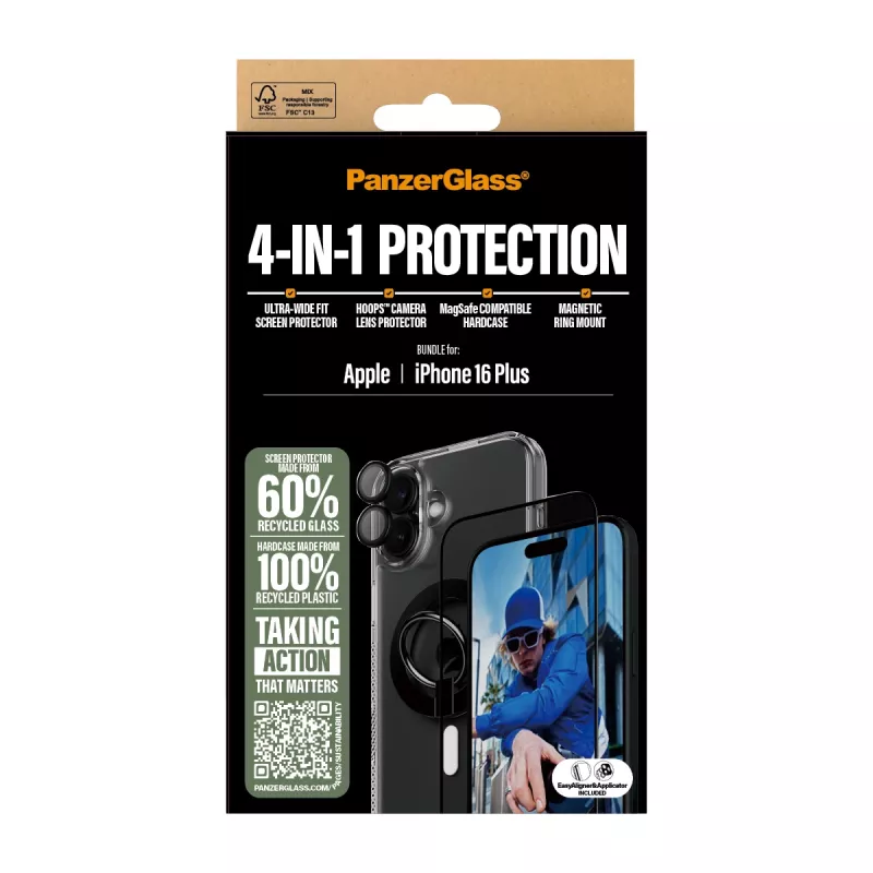 PanzerGlass® 4-in-1 apsaugos rinkinys iPhone 16 Plus, Apple, Apple - iPhone 16 Plus, Sausas užtepimas, Atsparus įbrėžimams, Atsparus smūgiams, Skaidrus, 1 vnt.