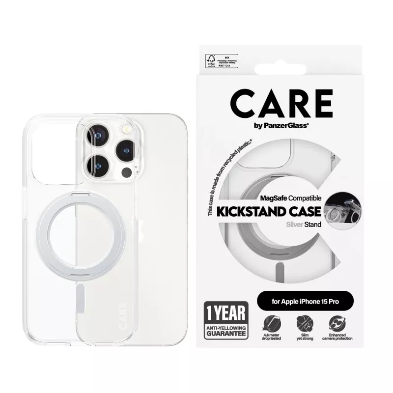 PanzerGlass CARE™ by ® Dėklas permatomas su sidabriniu stoveliu ir MagSafe iPhone 15 Pro
