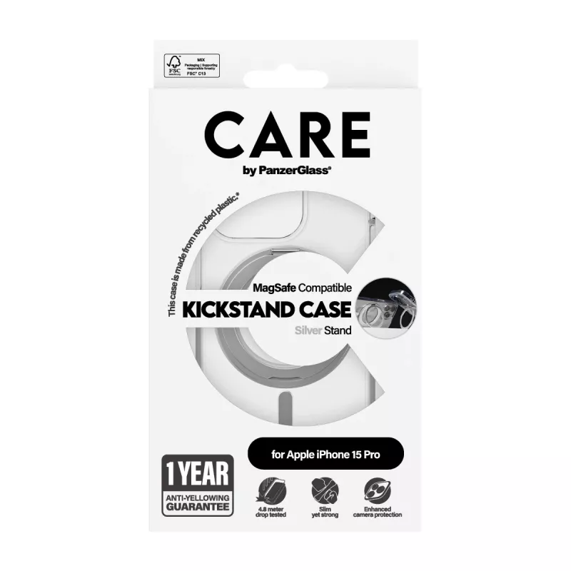 PanzerGlass CARE™ by ® Dėklas permatomas su sidabriniu stoveliu ir MagSafe iPhone 15 Pro