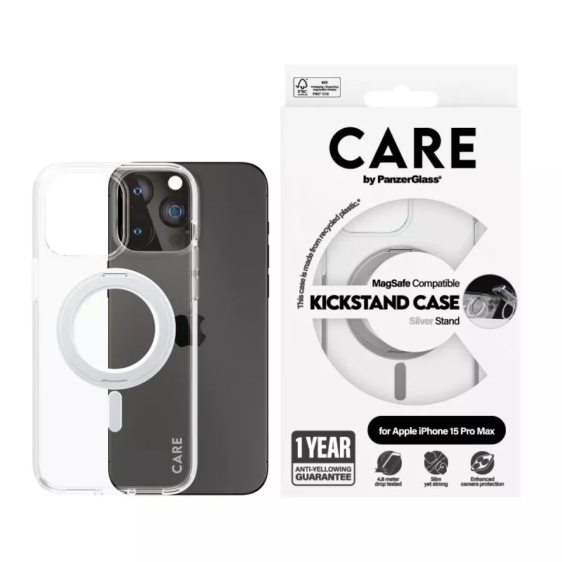 PanzerGlass CARE™ by ® Dėklas permatomas su sidabriniu stoveliu ir MagSafe, skirtas iPhone 15 Pro Max
