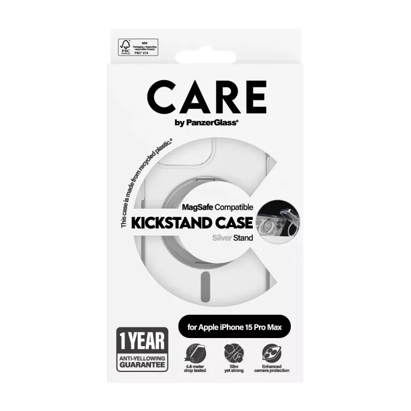 PanzerGlass CARE™ by ® Dėklas permatomas su sidabriniu stoveliu ir MagSafe, skirtas iPhone 15 Pro Max