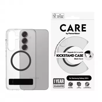 PanzerGlass CARE™ by ® Dėklas permatomas su juodu atrama ir Qi suderinamumu Samsung Galaxy S25+
