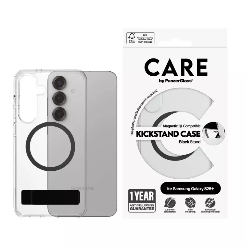 PanzerGlass CARE™ by ® Dėklas permatomas su juodu atrama ir Qi suderinamumu Samsung Galaxy S25+