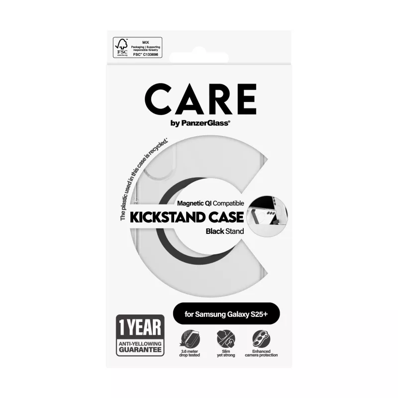 PanzerGlass CARE™ by ® Dėklas permatomas su juodu atrama ir Qi suderinamumu Samsung Galaxy S25+