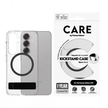 PanzerGlass CARE™ by ® dėklas permatomas su juodu stovu ir Qi suderinamumas Samsung Galaxy S25