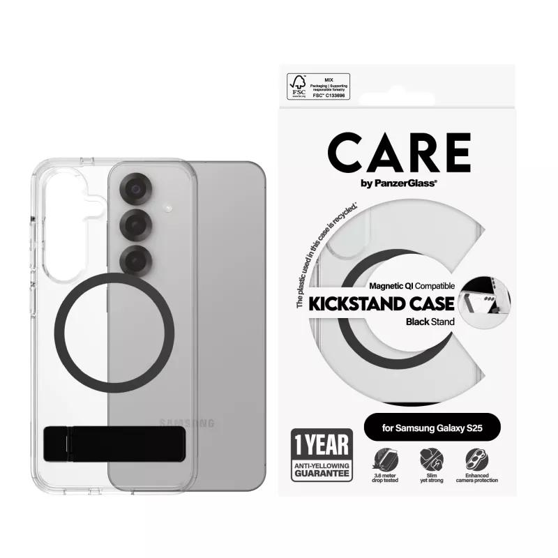 PanzerGlass CARE™ by ® dėklas permatomas su juodu stovu ir Qi suderinamumas Samsung Galaxy S25