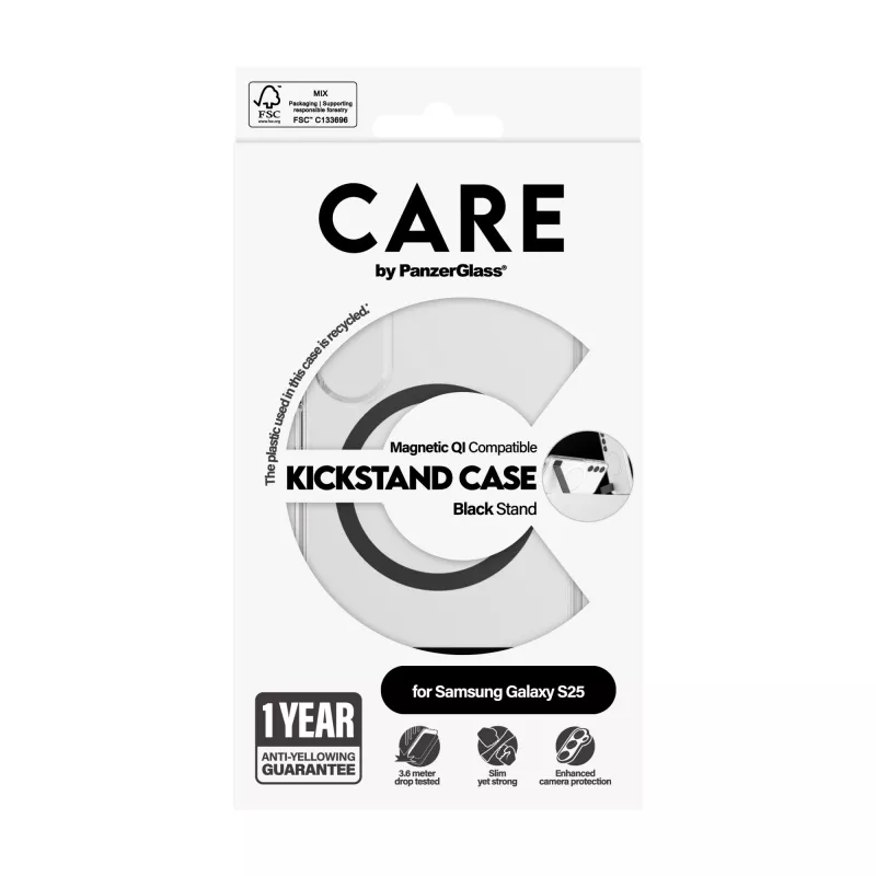 PanzerGlass CARE™ by ® dėklas permatomas su juodu stovu ir Qi suderinamumas Samsung Galaxy S25