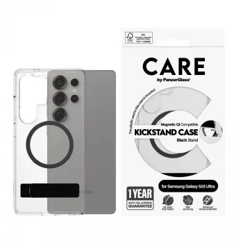 “PanzerGlass CARE™” by ”®” dėklas permatomas su juodu atrama ir Qi suderinamas “Samsung Galaxy S25 Ultra”
