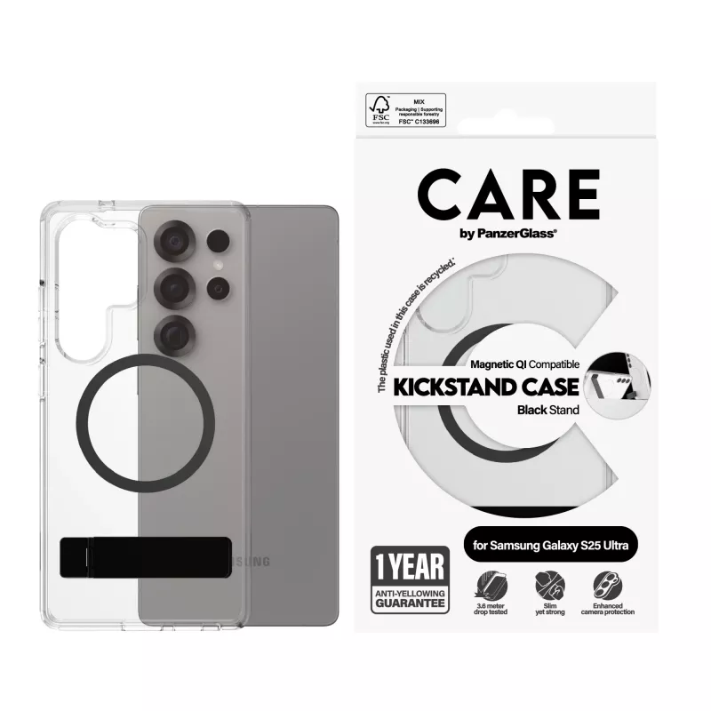 “PanzerGlass CARE™” by ”®” dėklas permatomas su juodu atrama ir Qi suderinamas “Samsung Galaxy S25 Ultra”