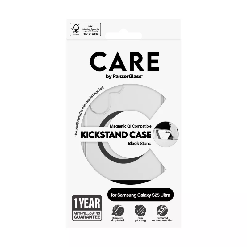 “PanzerGlass CARE™” by ”®” dėklas permatomas su juodu atrama ir Qi suderinamas “Samsung Galaxy S25 Ultra”