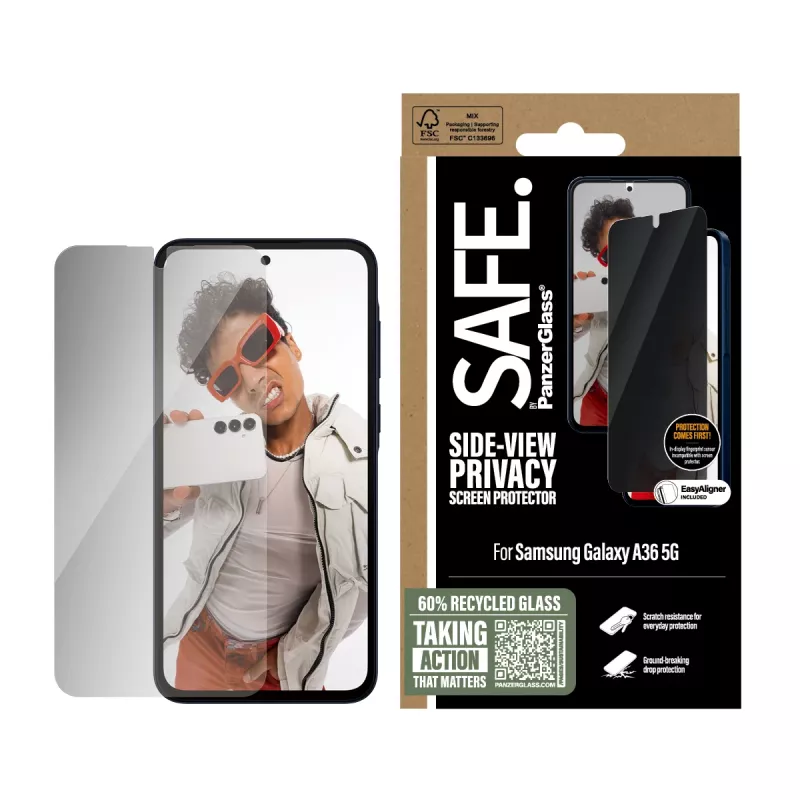“PanzerGlass SAFE. by ®” privatumo ekrano apsauga “Samsung Galaxy A36 5G” | “Ultra-Wide Fit” su “EasyAligner”