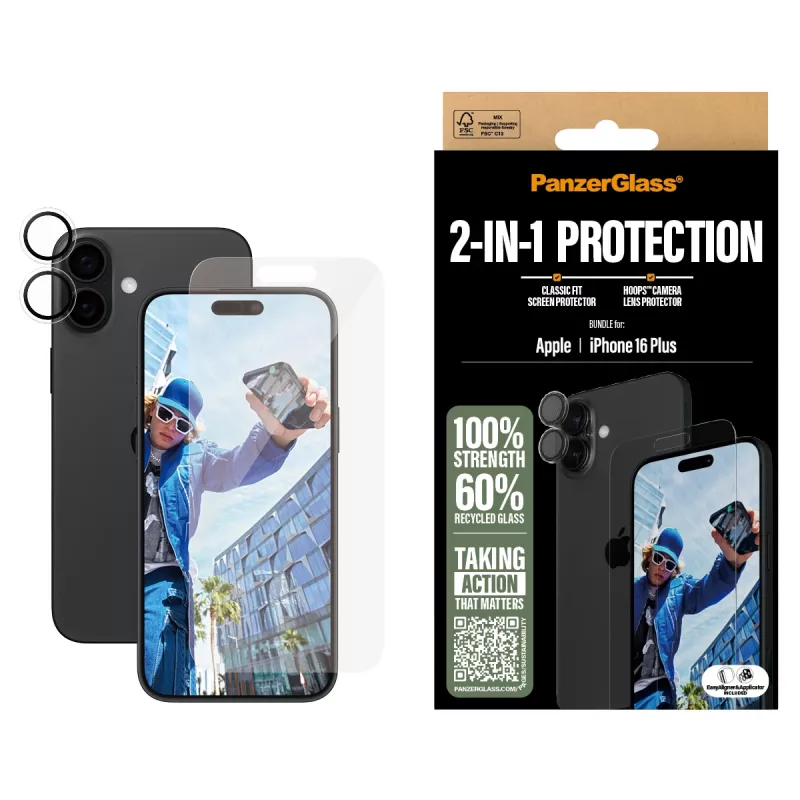 “PanzerGlass” 2-in-1 rinkinys “iPhone 16 Plus”, “Apple”, “Apple” - “iPhone 16 Plus”, Sausas uždėjimas, Atsparus įbrėžimams, Atsparus smūgiams, Skaidrus, 1 vnt.