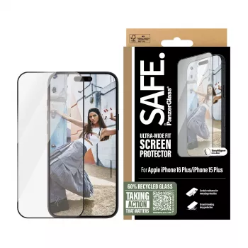 PanzerGlass SAFE. by ® ekrano apsauga su juodu rėmeliu, skirta iPhone 16 Plus | 15 Plus | itin plati pritaikymo sritis