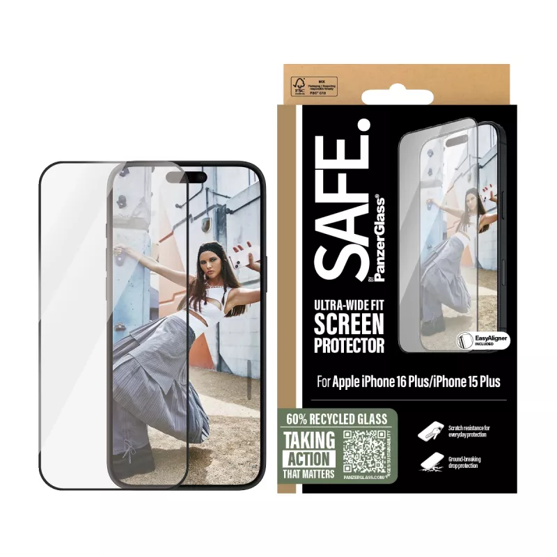 PanzerGlass SAFE. by ® ekrano apsauga su juodu rėmeliu, skirta iPhone 16 Plus | 15 Plus | itin plati pritaikymo sritis
