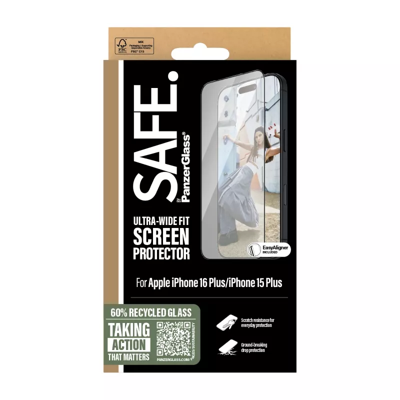 PanzerGlass SAFE. by ® ekrano apsauga su juodu rėmeliu, skirta iPhone 16 Plus | 15 Plus | itin plati pritaikymo sritis