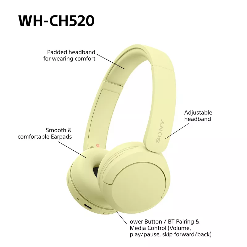 Sony WHCH520Y.CE7, belaidės, skambučiams / muzikai, 20 - 20000 Hz, 147 g, ausinės, geltonos