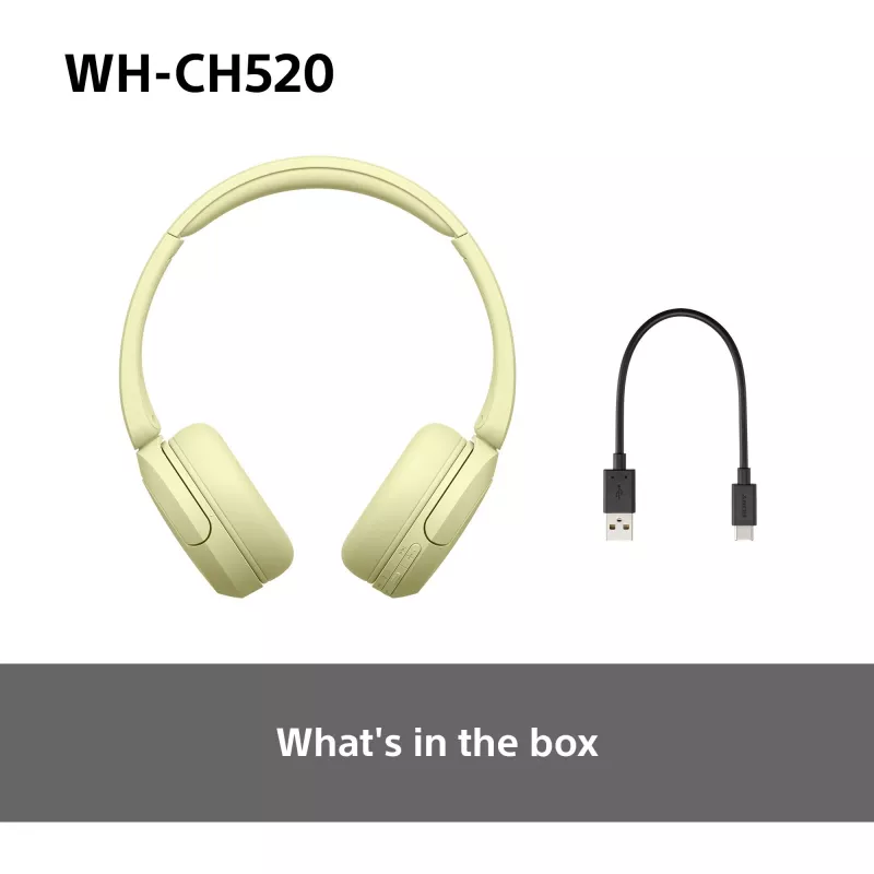 Sony WHCH520Y.CE7, belaidės, skambučiams / muzikai, 20 - 20000 Hz, 147 g, ausinės, geltonos