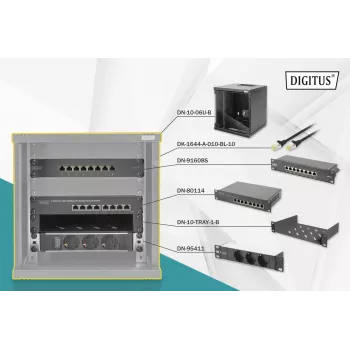 DIGITUS 10in tinklo rinkinys - 6U spinta juoda lentyna PDU 8 prievadų komutatorius CAT6 pataisų skydelis
