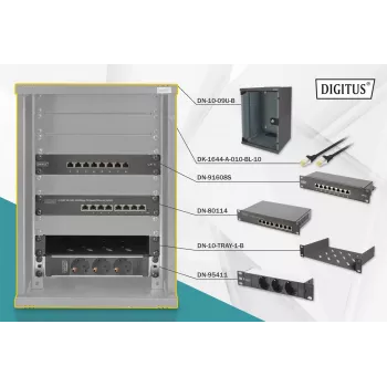 DIGITUS 10in network bundle incl. 9U cabinet Juoda shelf PDU 8-port switch CAT6 patch panel