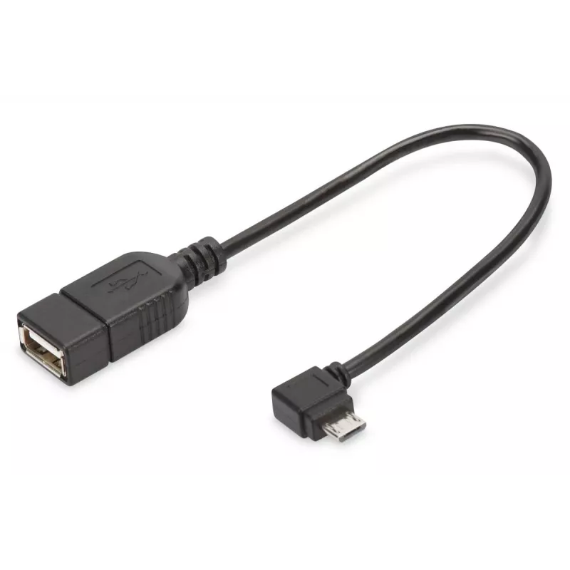DIGITUS USB 2.0 adapterio laidas, OTG, tipas micro B - A M/F, 15cm USB 2.0 atitinka, stačiu kampu, juodas