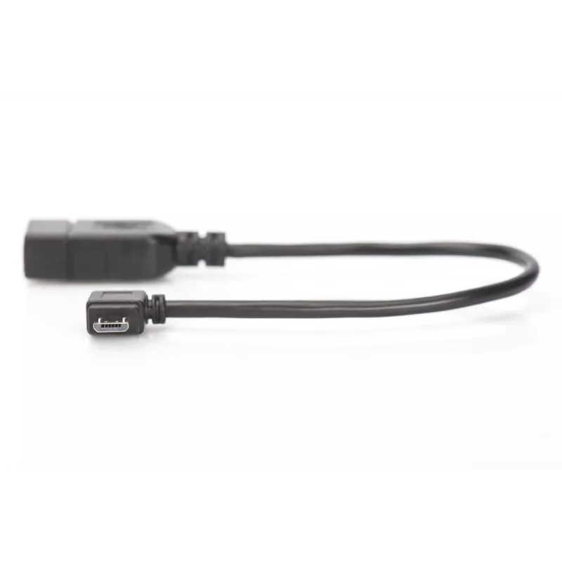 DIGITUS USB 2.0 adapterio laidas, OTG, tipas micro B - A M/F, 15cm USB 2.0 atitinka, stačiu kampu, juodas