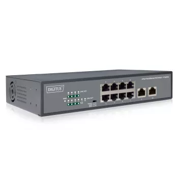 DIGITUS Fast Ethernet PoE af/at 8 prievadų komutatorius + 2 aukštyninės jungtys 120 W PoE galios biudžetas, montuojamas į stovą
