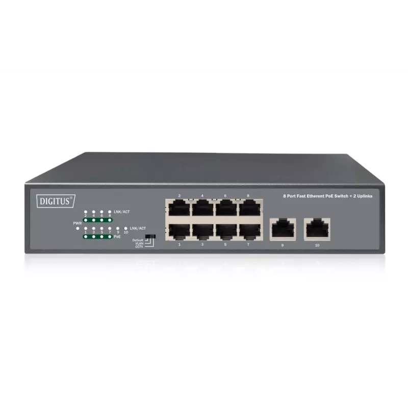 DIGITUS Fast Ethernet PoE af/at 8 prievadų komutatorius + 2 aukštyninės jungtys 120 W PoE galios biudžetas, montuojamas į stovą