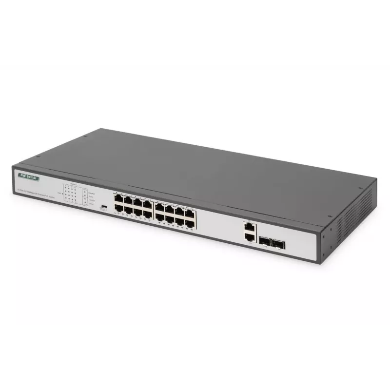 DIGITUS Fast Ethernet PoE Switch 16-port PoE + 2 Combo. 250W PoE biudžetas