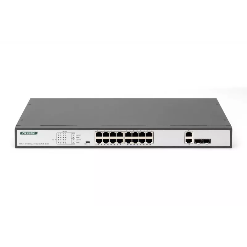 DIGITUS Fast Ethernet PoE Switch 16-port PoE + 2 Combo. 250W PoE biudžetas