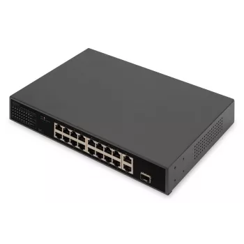DIGITUS PoE komutatorius 16 prievadų 10/100 Mbps 16 x10/100Mbps PoE RJ45 prievadai, 1x GE RJ45, 1x SFP