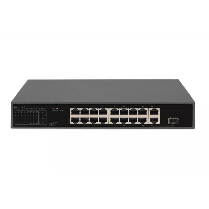 DIGITUS PoE komutatorius 16 prievadų 10/100 Mbps 16 x10/100Mbps PoE RJ45 prievadai, 1x GE RJ45, 1x SFP